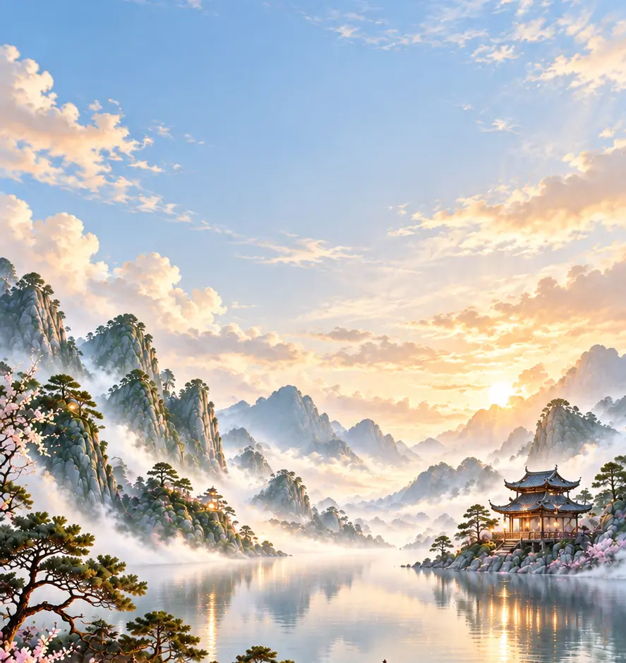 Tranh hồ sương, núi và mái đình dưới ánh trời